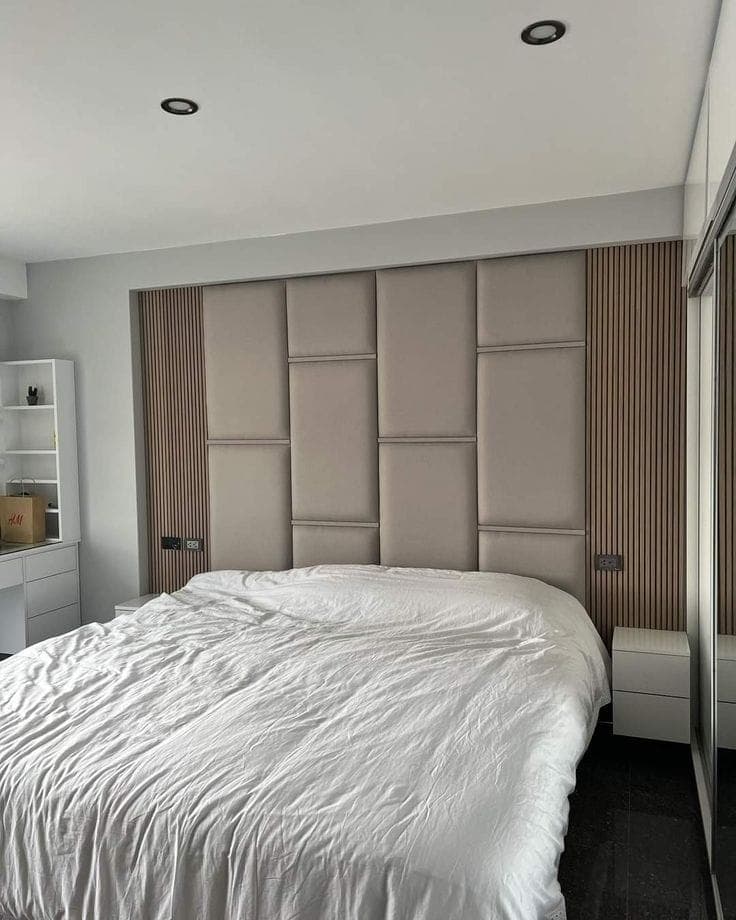 Upholstered bed panel fitted in a bedroom — example 4