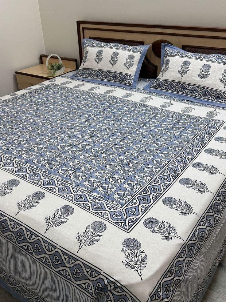 Block-print bedsheet set neatly laid out