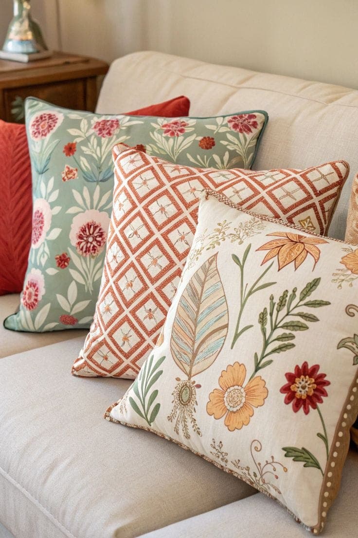 Patterned cushions arranged on a sofa